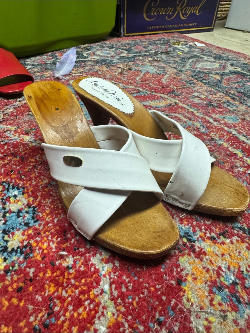 White Leather Crisscross Wood-Heel Mules